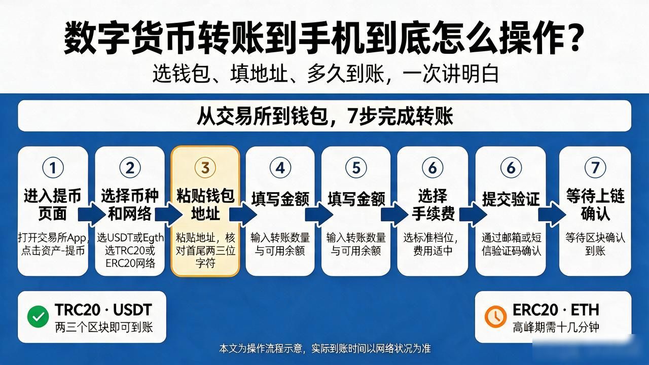 数字货币转账到手机到底怎么操作？选钱包、填地址、多久到账，一次讲明白