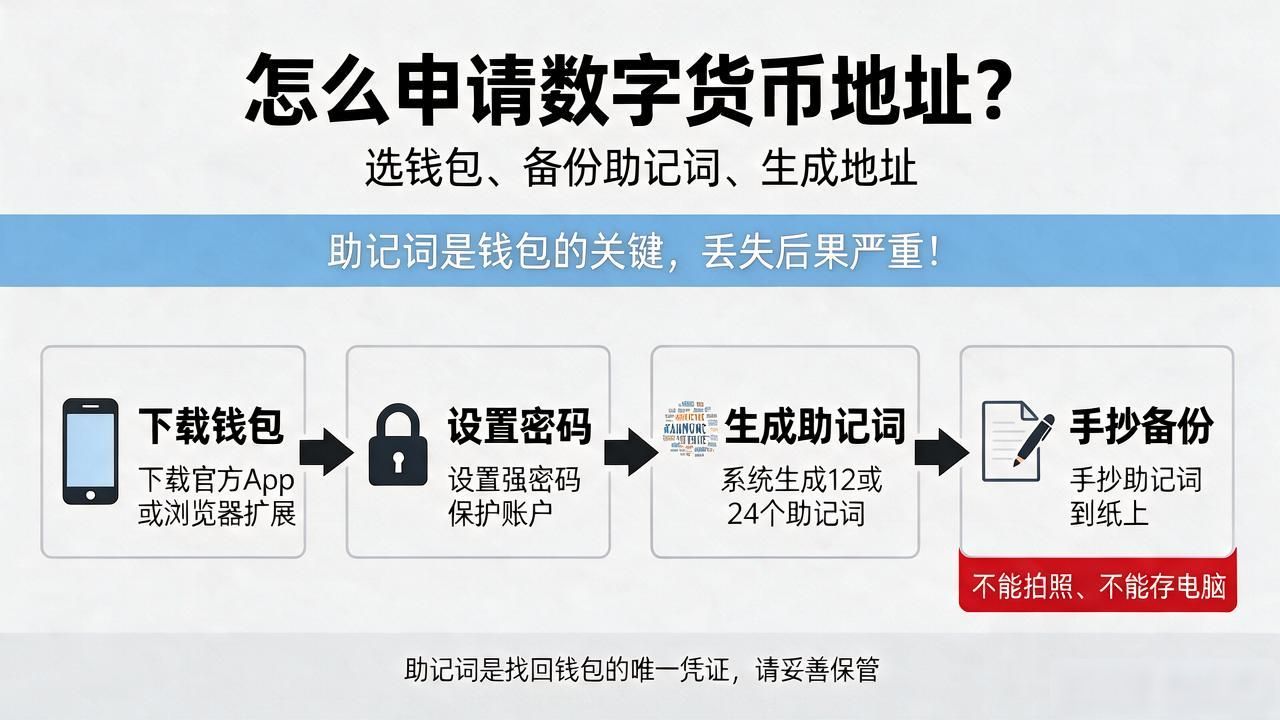 怎么申请数字货币地址？选钱包、备份助记词、生成地址